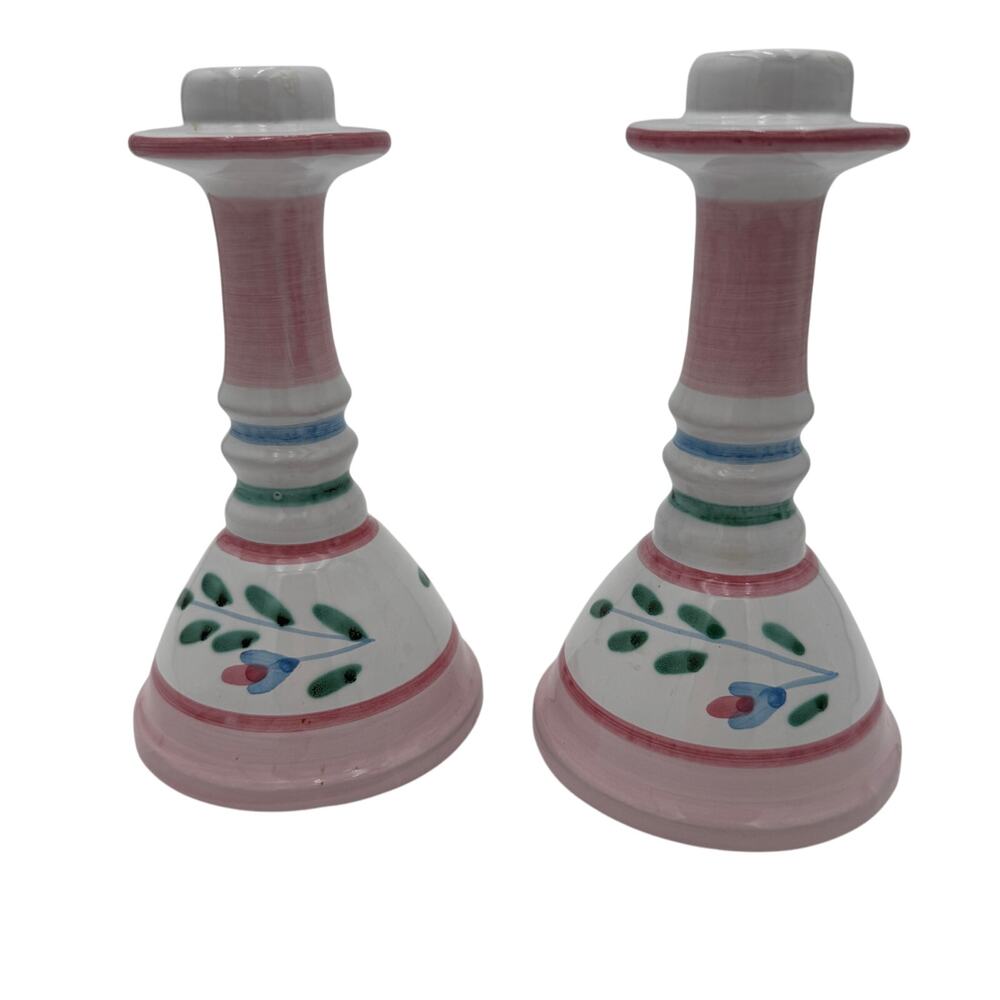 Vintage Caleca Candlesticks Pink Garland Made in Italy Handpainted Pair of 2